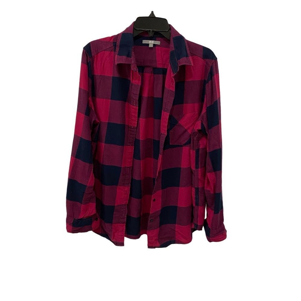 Uniqlo Buffalo Plaid Flannel Button Down Shirt Fuchsia Navy Collared Women's XXL